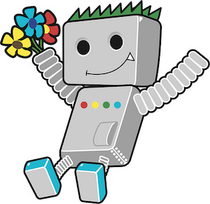 Robot trzymający w lewym ręku kolorowe kwiatki